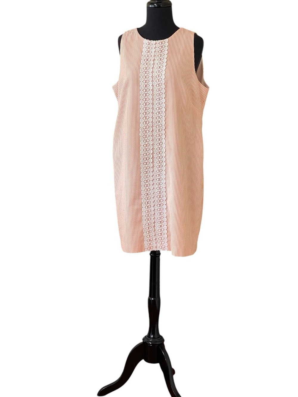Maggy L Orange White Pinstripes Seersucker Classic Shift Dress 14P Sleeveless